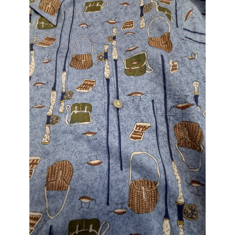 Vintage Burma Bibas Mens L Fishing Shirt Cotton Lawn Fly Rod Lure Novelty Print - Picture 9 of 11